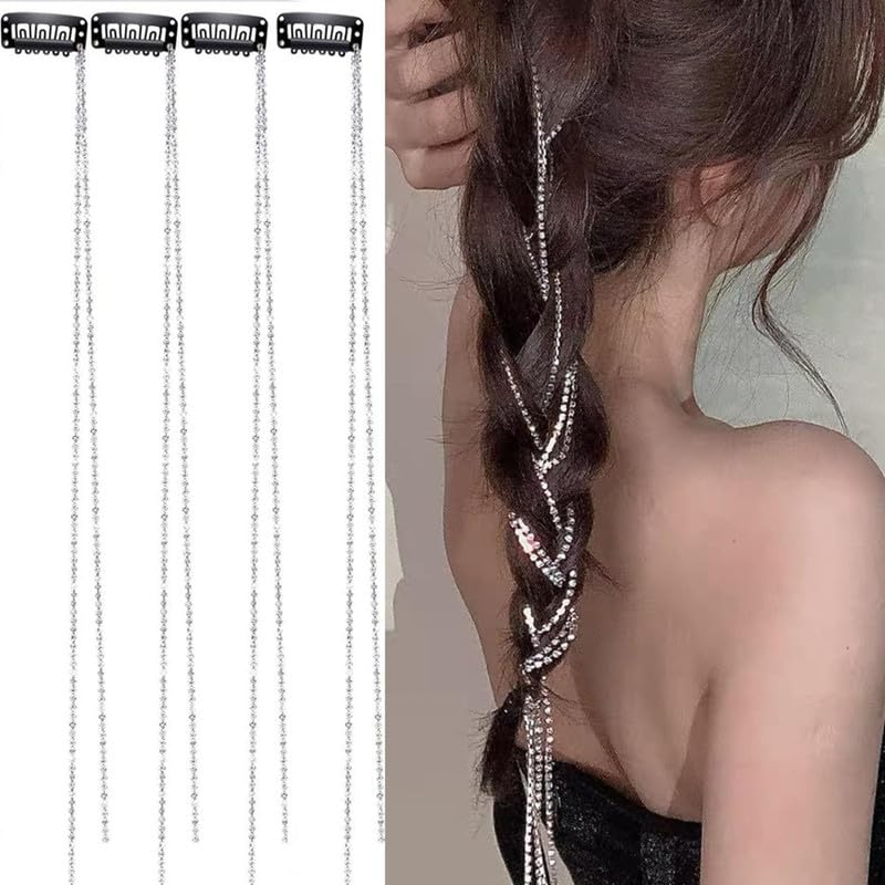 4 PCS Rhinestones Hair Chains Crystal Extension For Women and Girl Rhinestone Accessories Bling Punk Tassel Hair Clips 20 Inch Strand hair Decorative