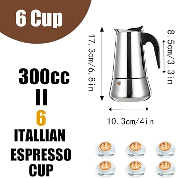 6 Cup Stovetop Espresso Maker Stainless Steel Moka Pot Espresso Maker Percolator Italian Coffee Maker Capable Mocha Coffee Machine Cafe Classic Maker for Home and Camping 300ml 10oz