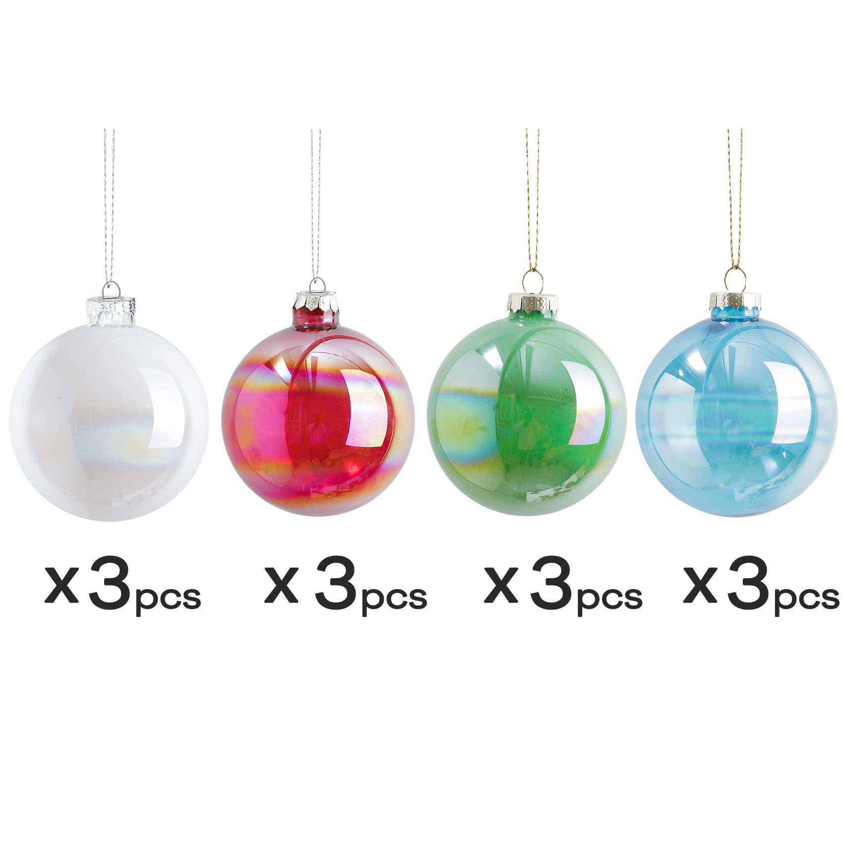 Lot de 12 grandes boules de Noël en verre arc-en-ciel à remplir pour sapin de Noël, rouge, vert, bleu, blanc, 8 cm