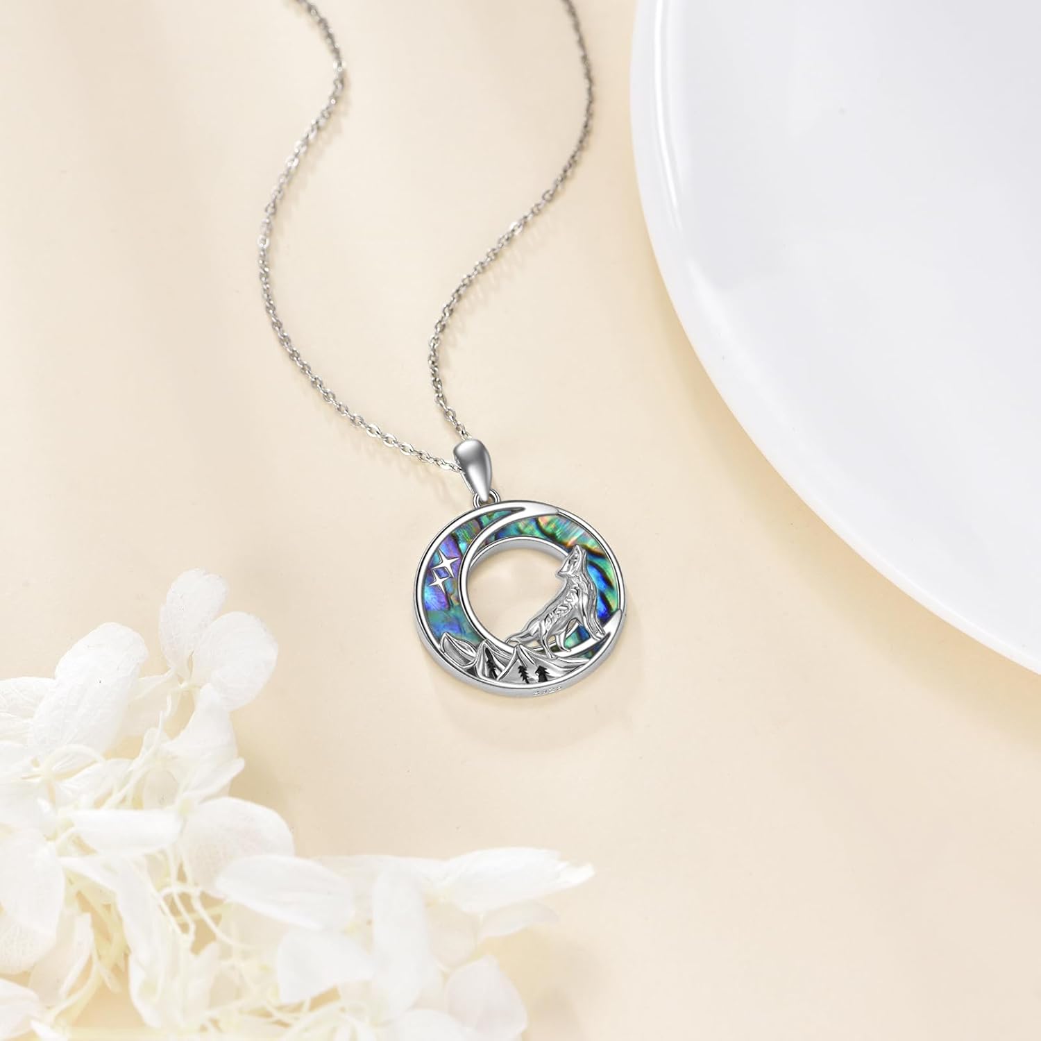 URONE Wolf Necklace 925 Sterling Silver Abalone Shell Pendant Wolf Jewelry Gifts for Women - Image 3
