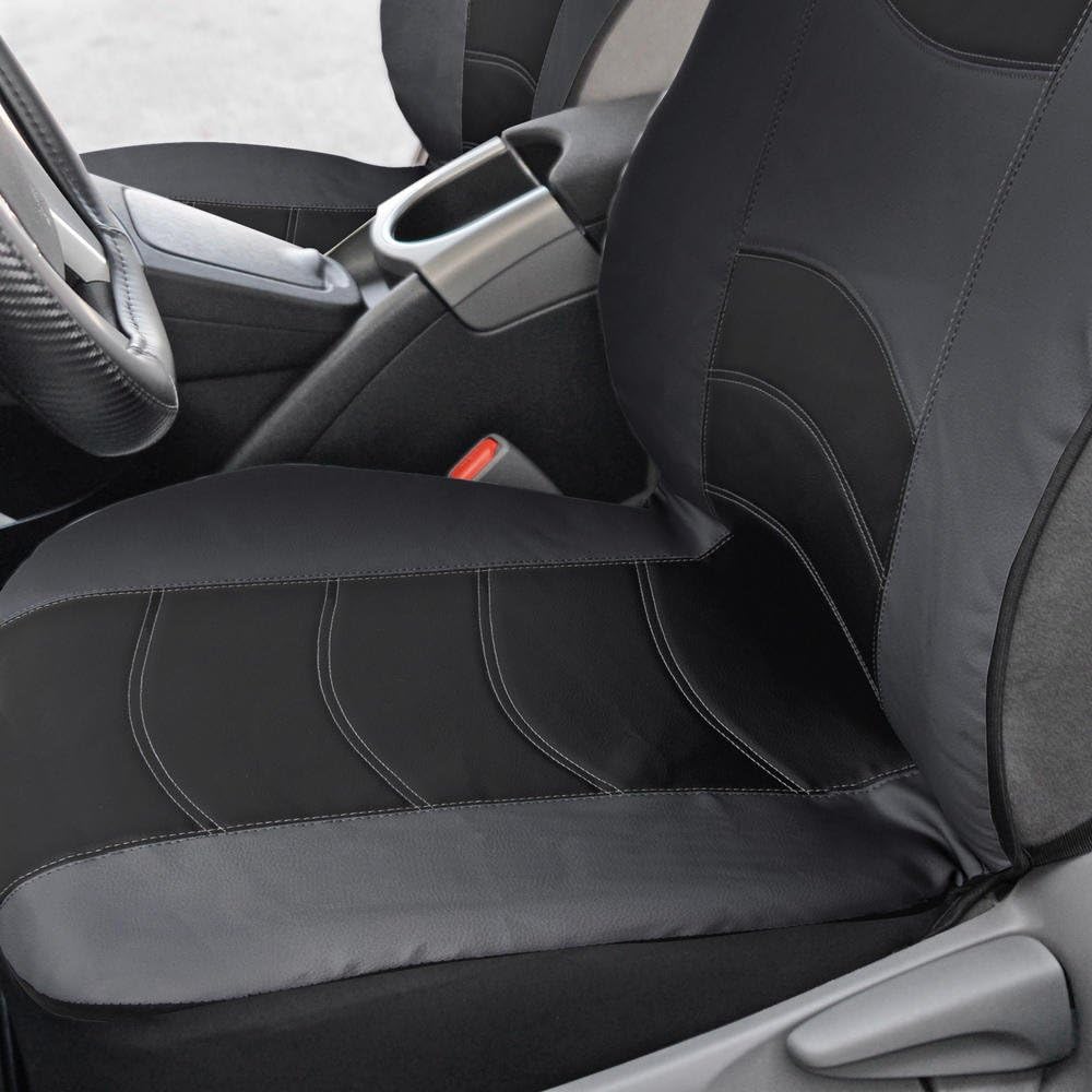 Black & Charcoal Gray Synthetic Leather Car Seat Covers & Carbon Fiber Cushion-Sport Grip Steering Wheel Cover