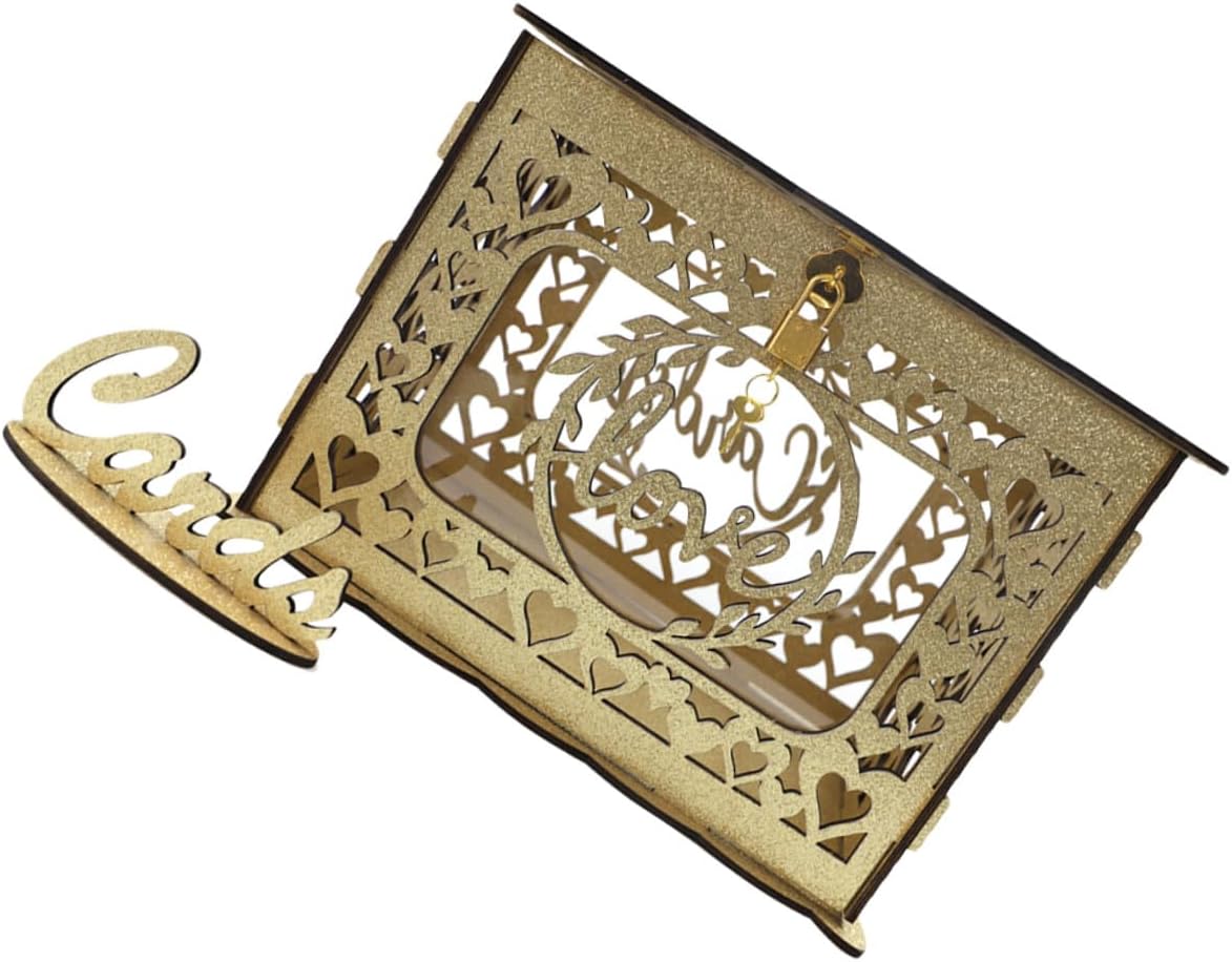 Wooden Hollow Wedding Card Box Glitter Decorative Card Holder Anniversary Greeting Envelope Container for Wedding Reception and Birthday Party