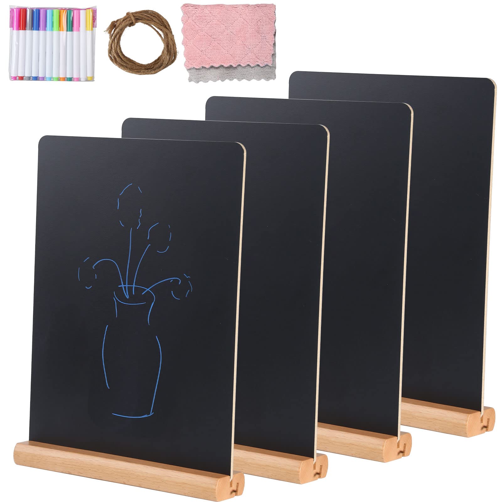 BESTOOL Lot de 4 Tableaux Noirs, Tableau Noir de Table avec Base Double Face Ardoise Buffet Signes Étiquettes de Prix Affichage Menu Boissons pour Anniversaire Mariage Bar Café, 22 x 30cm