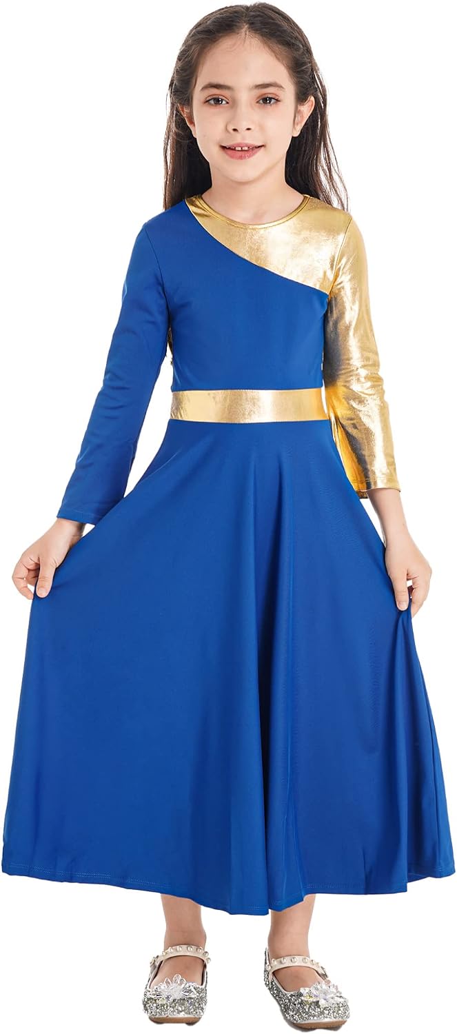 Lejafay Kids Girls Praise Lyrical Dance Dress Robe Metallic Loose Liturgical Worship Costume Church Dress