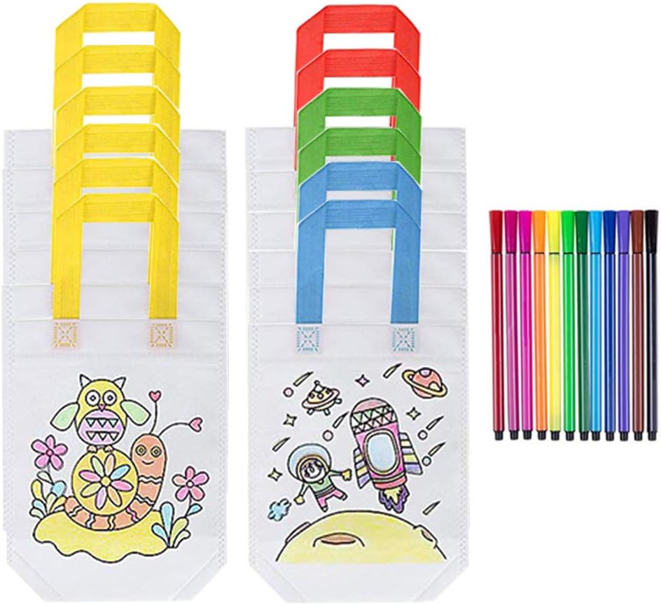KANOSON Colour Your Own Bag for Kids,12 Pack DIY Graffiti Tote Bag with 12 Washable Pen Kids Non-Woven Party Bags Reusable Painting Bags for Kids,Great for Party Gifts,Festive Gifts,Birthday Gifts