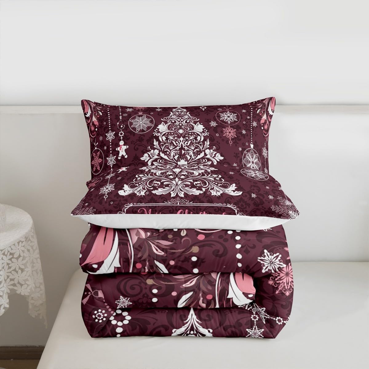 Christmas Tree Kids Comforter Set Queen Size,Merry Christmas Holiday Western Bedding Set,Girls Boys Adults Room Decor,Snowflake Paisley Boho Down Comforter,Purple Retro Duvet Insert,2 Pillowcases