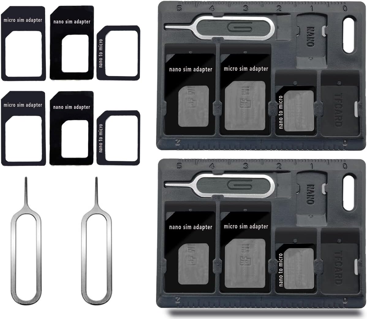 2 Packs SIM Card Holders with Tray Opener Pins, Card Storage Tool Set for Standard Micro Nano Micro-SD Memory Cards, with 3 Card Adapters and 1 Eject Pins - Black