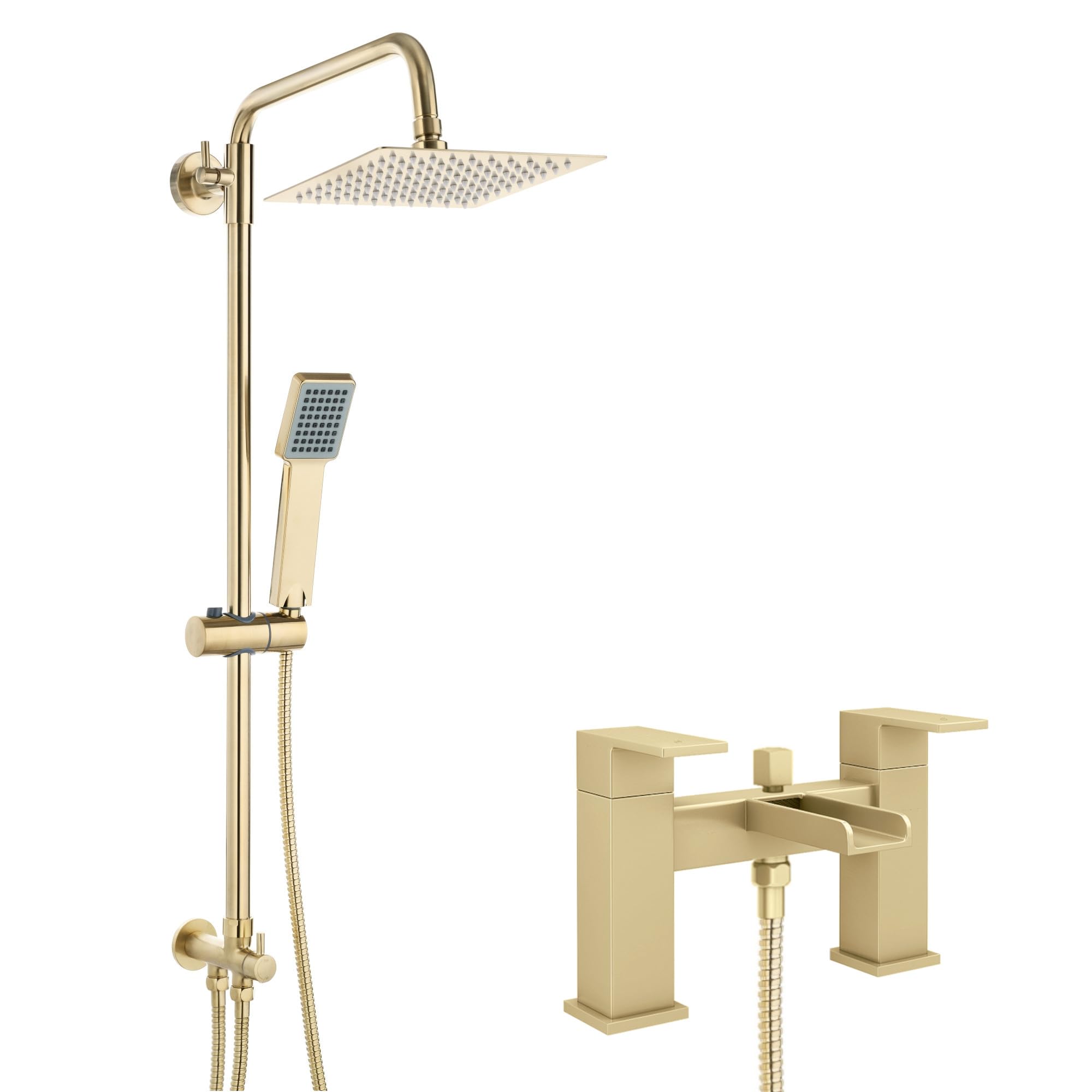 ENKI, Plaza, BBT0267, Brushed Brass Square Waterfall Bath Shower Mixer Tap with Rigid Riser Shower Rail Kit, Square Ultra Slim Shower Head