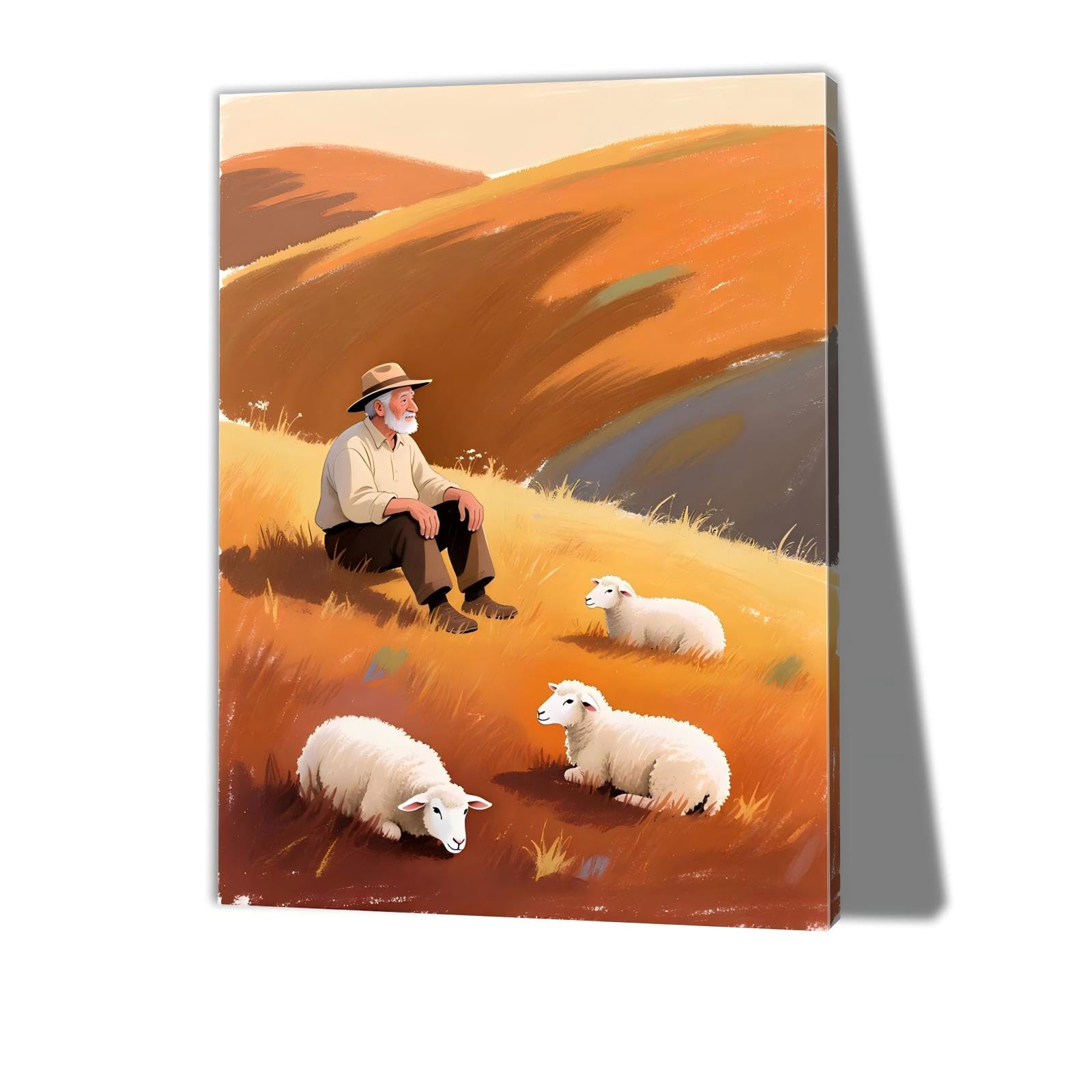 RGsixiot Canvas Wall Art Rustic Vertical Elderly Shepherd with Sheep