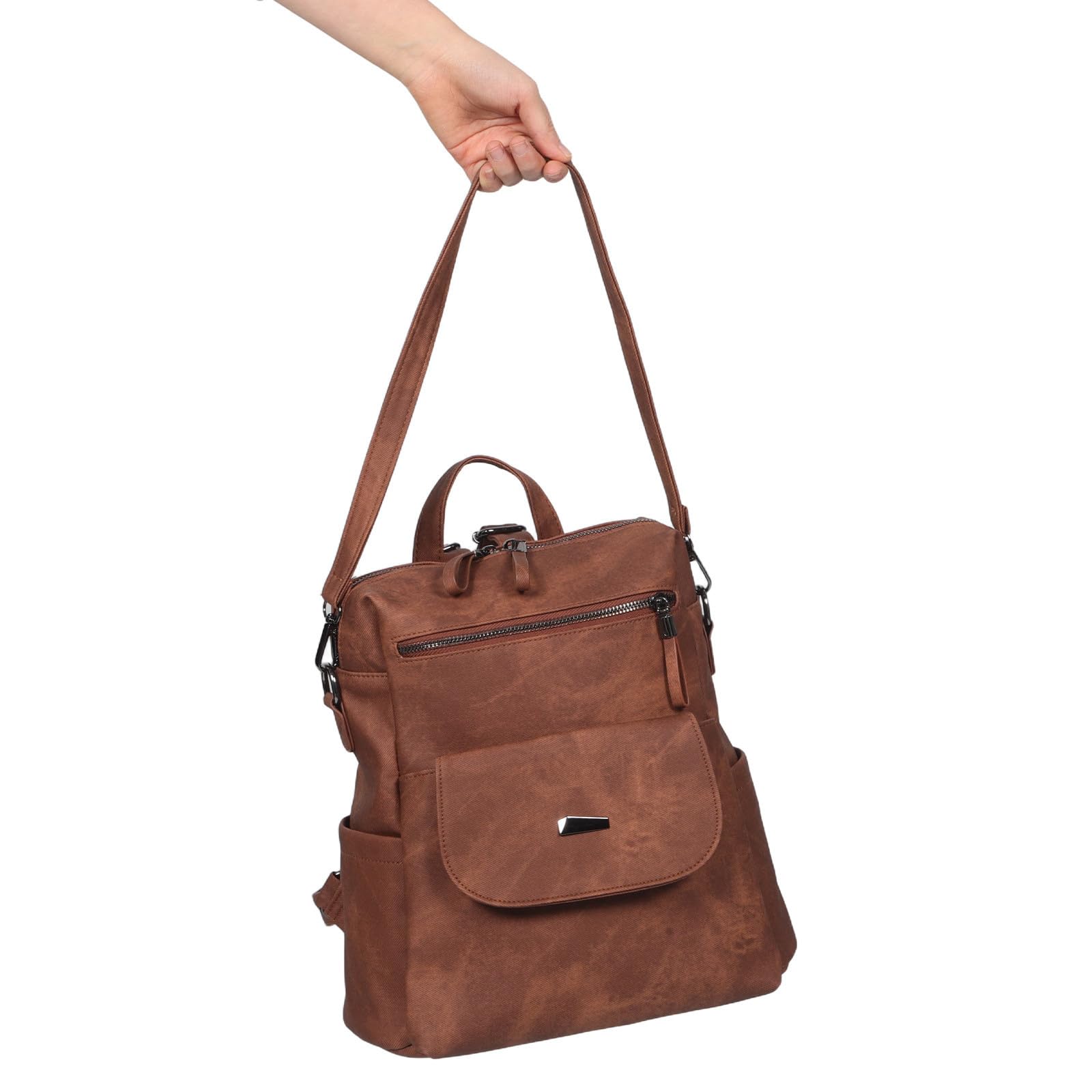 Zaino Donna Vintage in PU Marrone, Doppia Spalla Antitaccheggio
