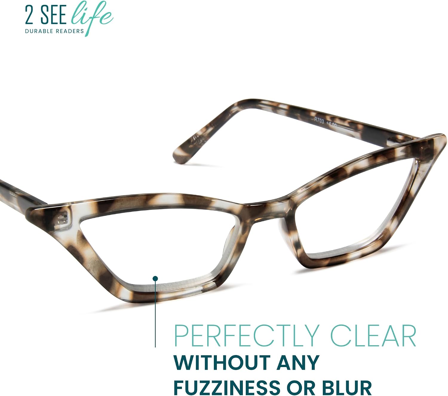 2SeeLife Premium Cat Eye Reading Glasses for Women – Narrow-Medium Fit, Sturdy Frame, Spring Hinges, Stylish Funky Readers, Clear Tortoise, +2.00