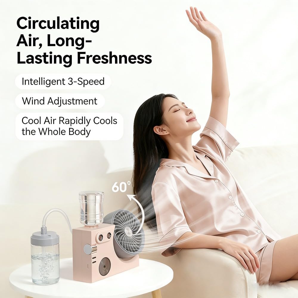 2026 New Portable USB Rechargeable Misting Table Fan, Mini Desktop Cooling Air Circulator with Mist Spray for Office Home Dorm Bedroom Summer Use (Ice Cream White)