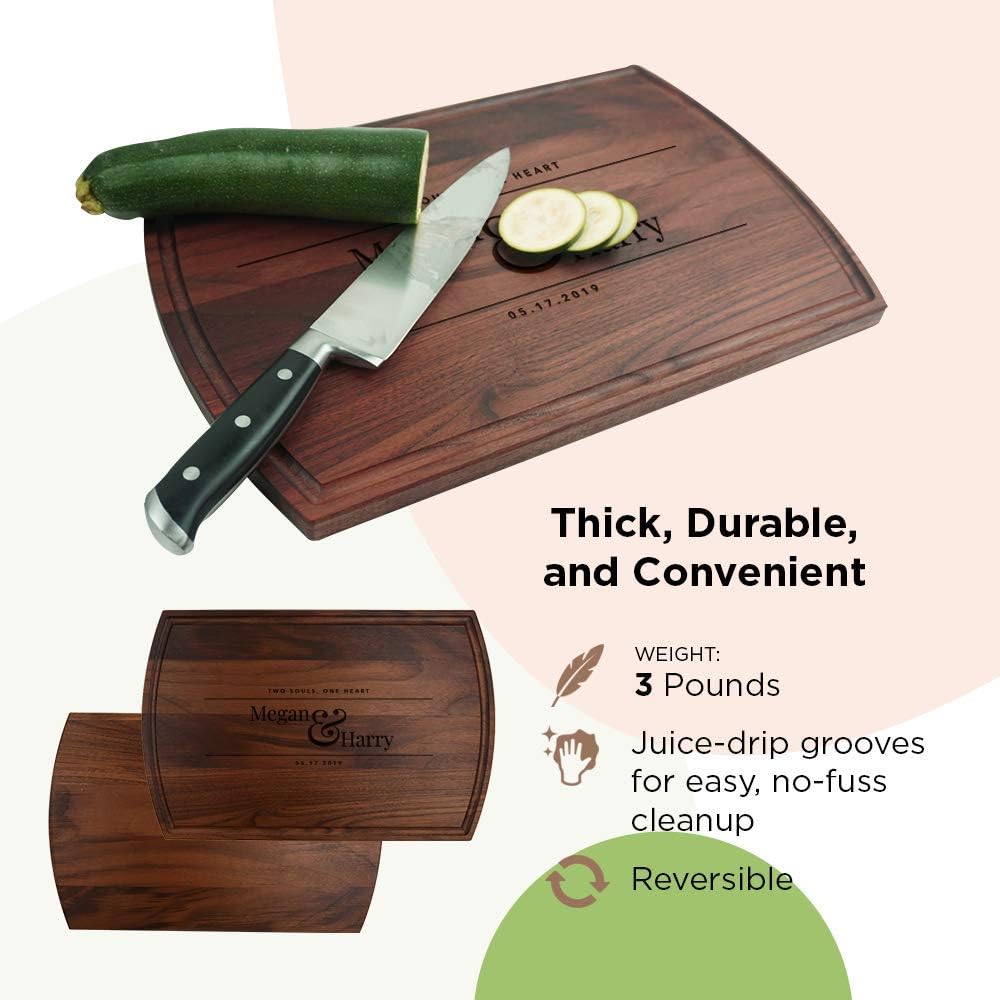 2 Souls 1 Heart+Names+Date-Personalized Wooden Cutting Board for Kitchen Juice Groove Natural Custom Engraved in USA, Couple Gift, Housewarming Gift, Wedding Gift (Walnut 10.5x16 Inch)