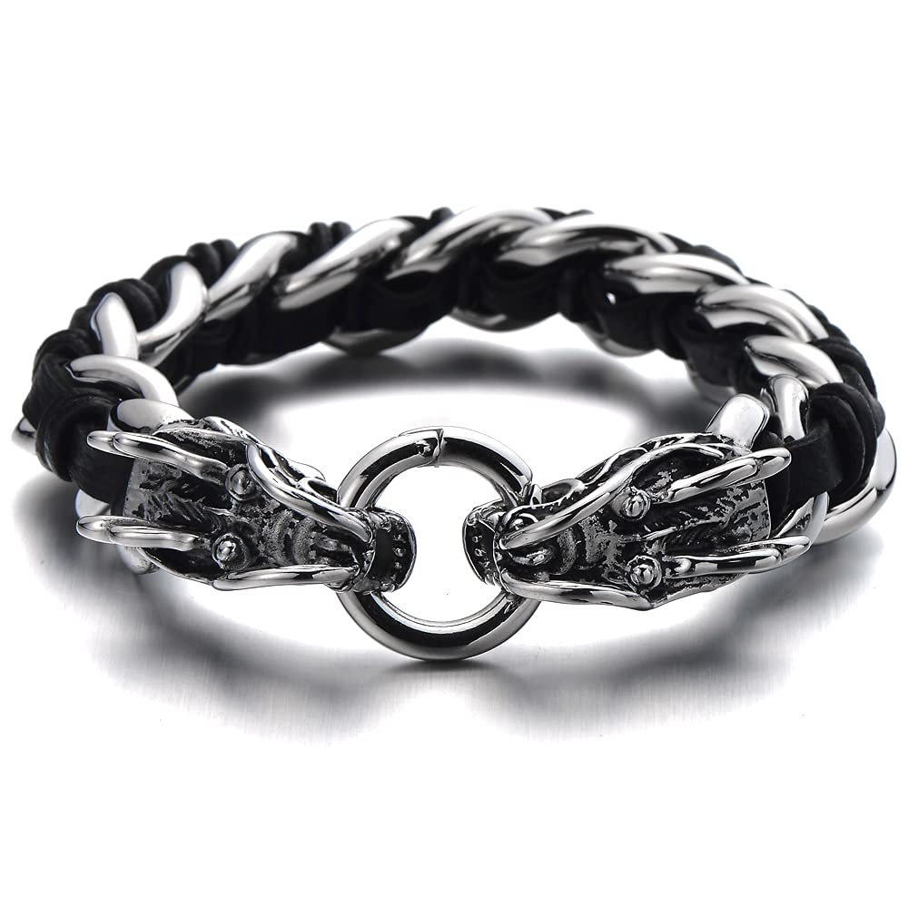 COOLSTEELANDBEYOND Diseño Trenzado, Brazalete del Dragón, Pulsera de Hombre, Cadena Barbada, Acero, Tiras Cuero Mixtos, Cuero Genuino Negro