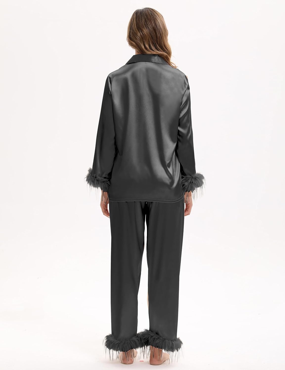 MORFORU Satin Pajama Set for Women Feather Trim Long Sleeve Pjs with Sleep Mask Headband Scrunchie Sleepwear Lounge Set - Image 6