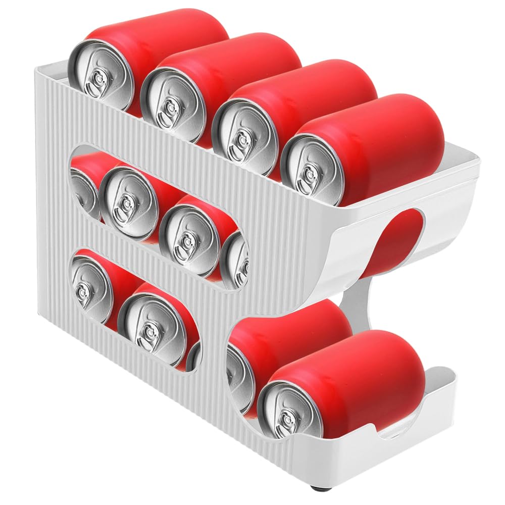 Jonuin White Fridge Can Dispenser, 2-Tier Rolling Can Organiser, 12-Can Storage for 330ml/355ml Soda & Drinks, Sturdy Plastic Holder for Kitchen, Cupboard & Pantry