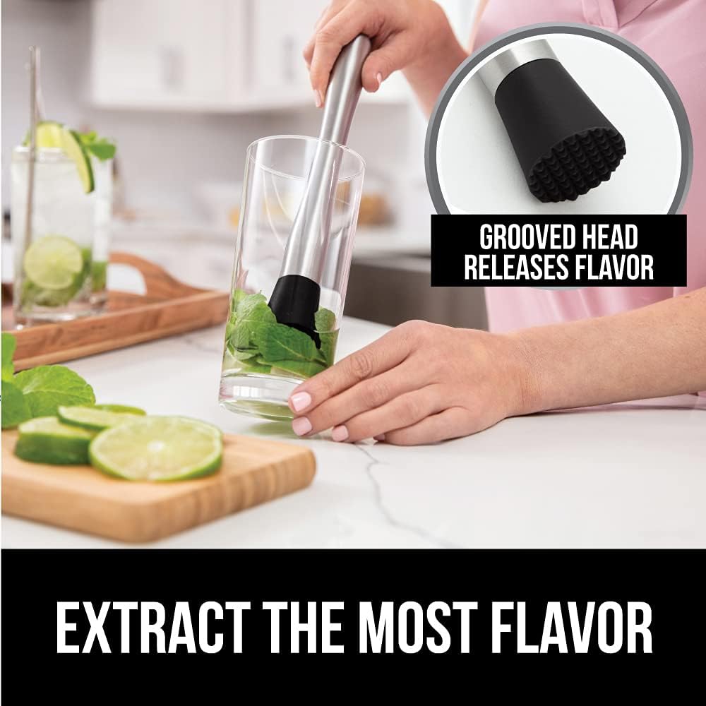 Gorilla Grip Stainless Steel Cocktail Muddler, Grooved Head to Release Flavor, Durable Comfortable Masher, Essential Bartender Tool, Mash Fruits, Muddle Mint, Craft Mojito Drinks, 10 Inch, Black