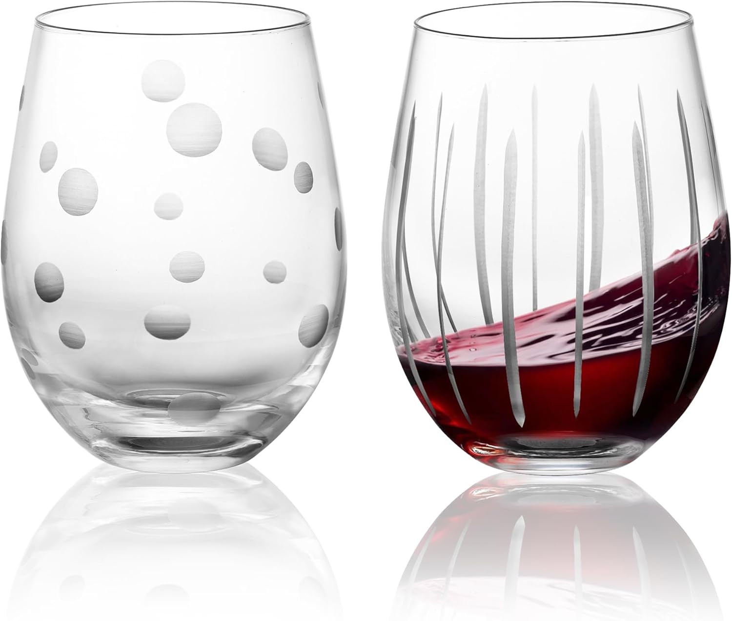 Joeyan Hand Blown Etched Stemless Wine Glasses for Red Wine,Large Carved Drinking Glass Cups Tumblers with Dots Strips Pattern for Wedding Anniversary Party Home,Set of 2, 17.5 oz, Dishwasher Safe