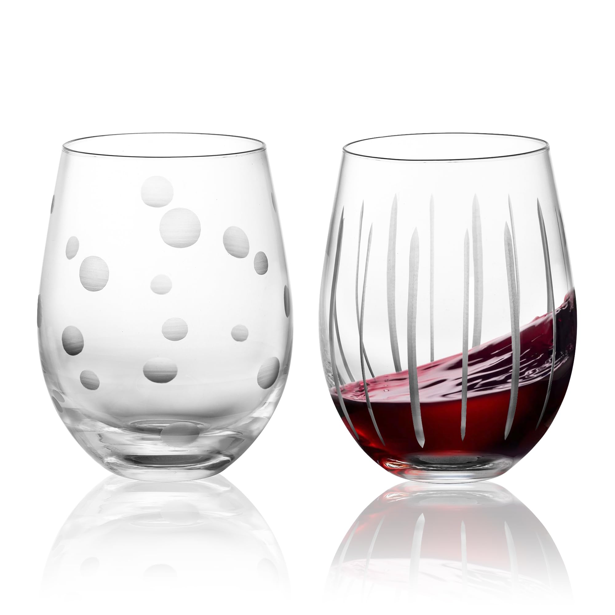 Joeyan Hand Blown Etched Stemless Wine Glasses for Red Wine,Large Carved Drinking Glass Cups Tumblers with Dots Strips Pattern for Wedding Anniversary Party Home,Set of 2, 17.5 oz, Dishwasher Safe