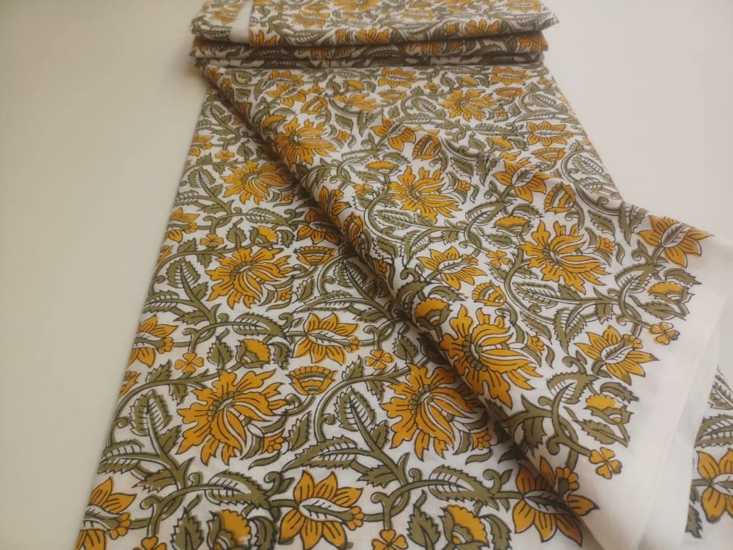 Fashionmart Floral Printed Cotton Fabric Cloth Hand Block Print Fabric Women Material Running Jaipuri Hand Block Printed Women Dress Material Kurtis Natural 44" Inches Width 2.5 Meter (Pattern 2) 1