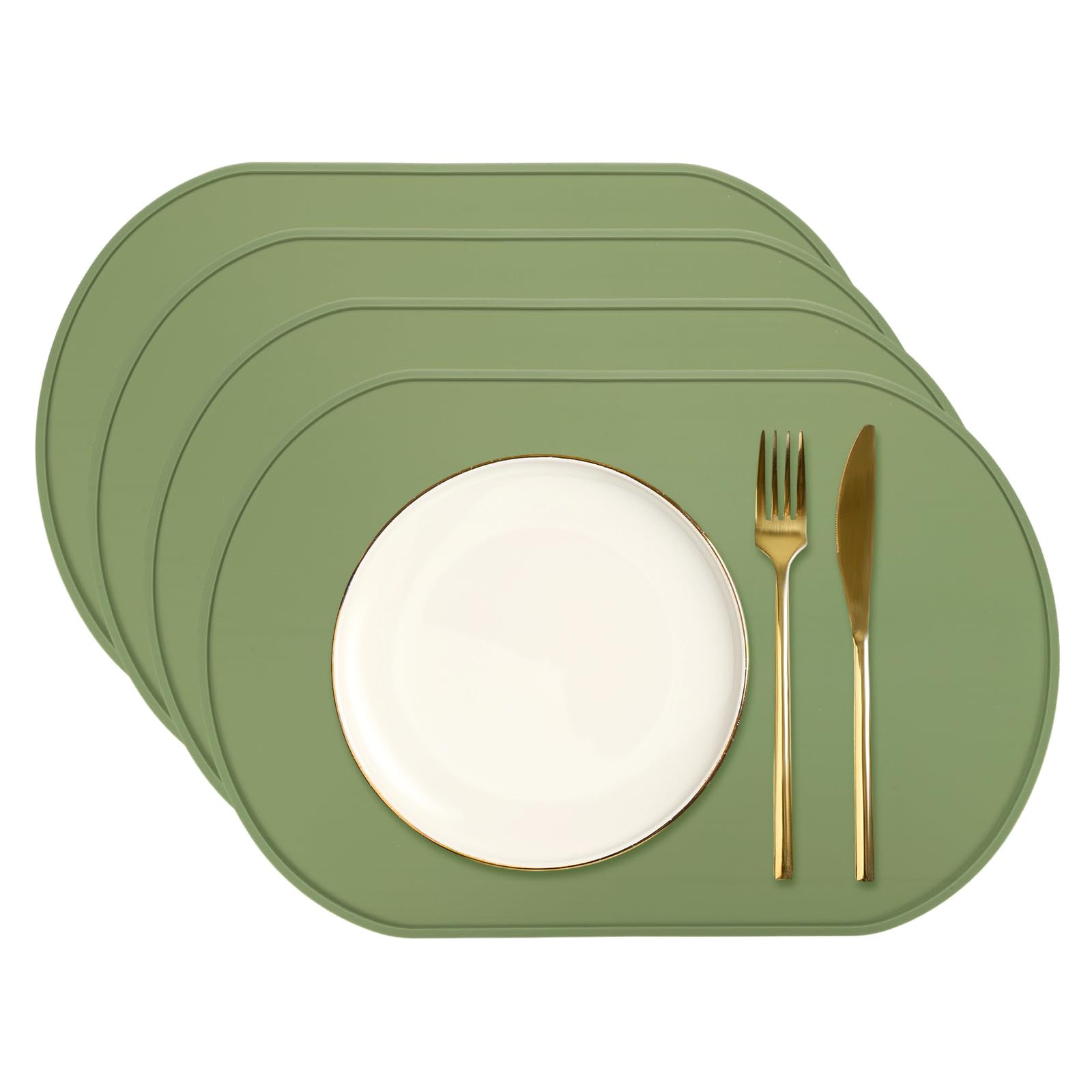 sourcing map 4 Pcs Oval Silicone Placemat, 15.4" x 10.4" Non-Slip Washable Table Placemats Heat Resistant Waterproof Mat with High Edge for Table Kitchen Desk Protection, Green