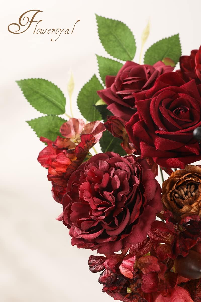 Floweroyal Artificial Flowers Combo Burgundy Flowers Mix Silk Flowers Dahlia Roses with Stems for DIY Wedding Bridal Bouquets, Baby Shower, Floral Arrangement, Table Centerpieces, Home Decorations. - Image 4