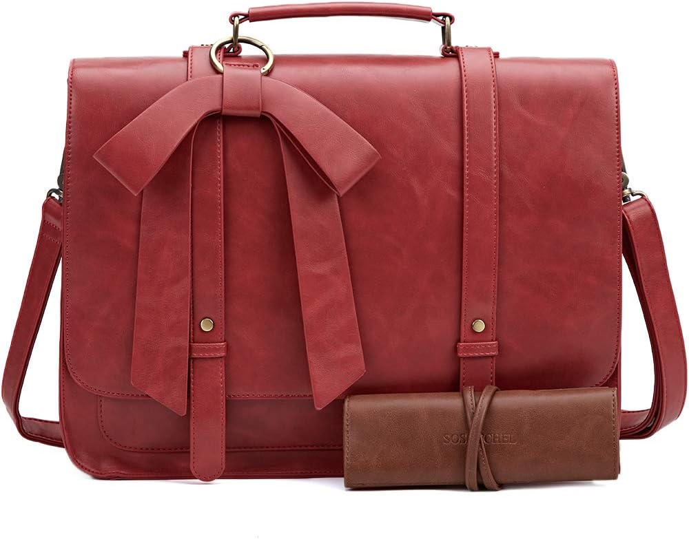 SOSATCHEL Women Briefcase Bag Faux Leather, 15.6 Inch Laptop Crossbody Shoulder Bag, Red