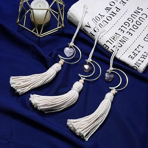 Miniatura 8 de Posh Bijou - Adorno colgante de luna creciente hecho a mano con piedra natural, accesorio de espejo retrovisor de corazón de piedra natural,