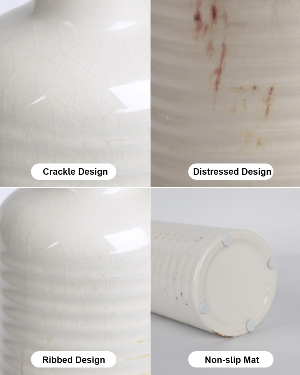 White Ceramic Vase Set of 3 – Ribbed Texture Crackle Glaze Bottle Vases for Rustic Farmhouse Table Centerpiece, Shelf & Mantel Decor - Image 3