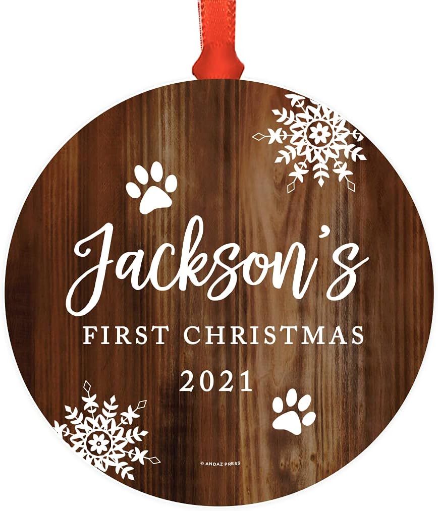 Andaz Press Personalized Dog Cat Pet Animal Round Metal Christmas Ornament, Jackson's First Christmas, 2026, Rustic Wood, 1-Pack, Includes Ribbon and Gift Bag, Custom Name