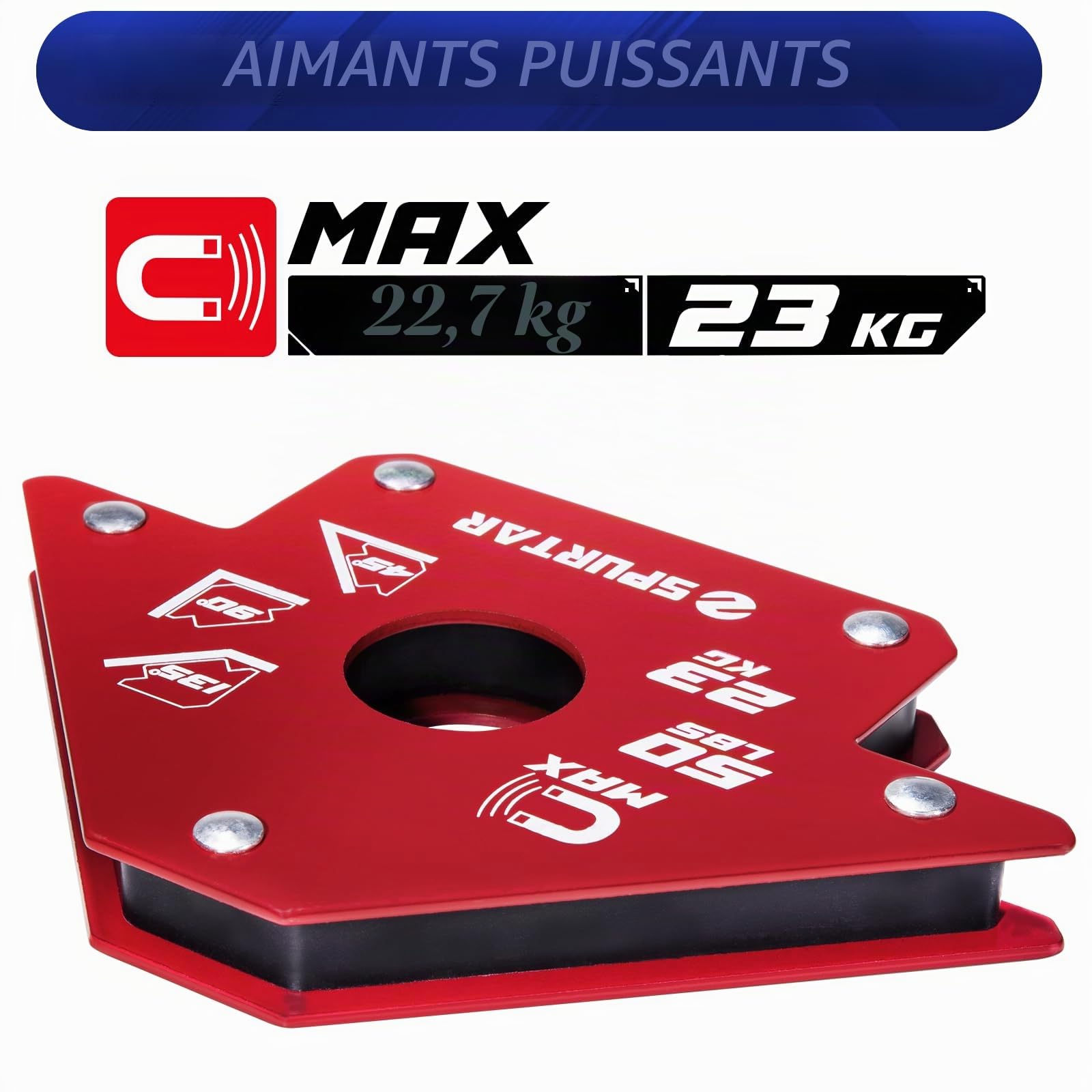 Spurtar 4Pcs 23kg/50lbs Flèche Aimants Soudure Solides Travail du Métal Outils Mig et Équipement Pinces De Soudage Magnétiques Soudeur Atelier Soudage, Aimant Angle 45, 90, 135 Degrés