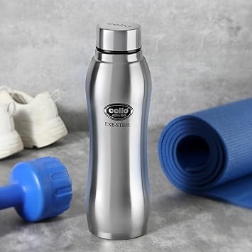 Cello Aqua Pro Stainless Steel Water Bottle 1000 ml, Silver | ISI Certified, Single Walled | Leakproof, Rust Proof | Food Grade | Easy to Carry | Airtight Steel Bottle For Fridge, Office, Gym & Travel - image, photos