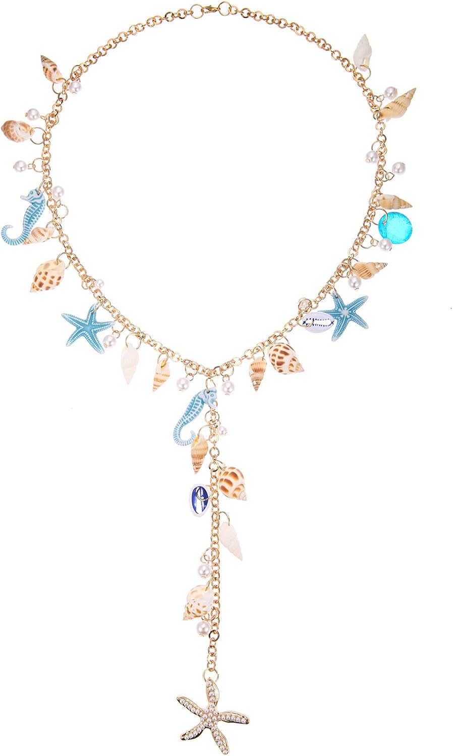 Shell Starfish Necklace, Conch Statement Chunky Y Necklace Mermaid Costume Jewelry Beach Jewelry for Women