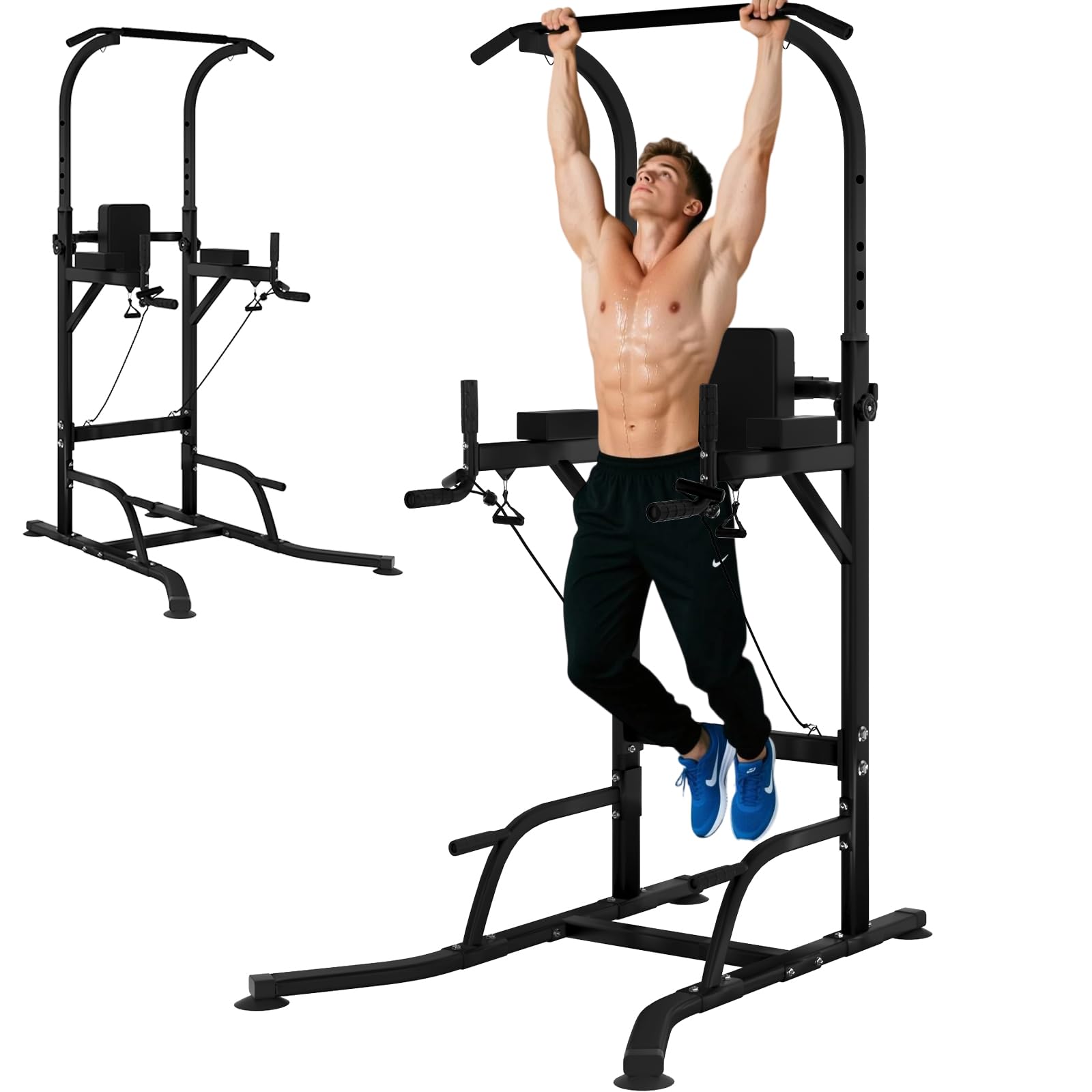 Power Tower Klimmzugstange Freistehend, Höhenverstellbar Klimmzug Dip Station Multifunktionales Heimfitness Gerät für Krafttraining und Körperübungen