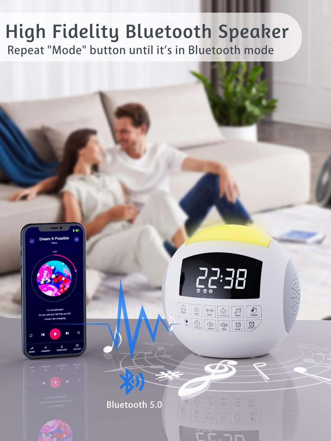 PPLEE White Noise Machine connected to a smartphone via Bluetooth