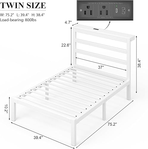 Miniatura 2 de Marco de cama tamaño Twin con cabecera de almacenamiento, cama plataforma industrial con estación de carga y luces LED, espacio de almacenamiento