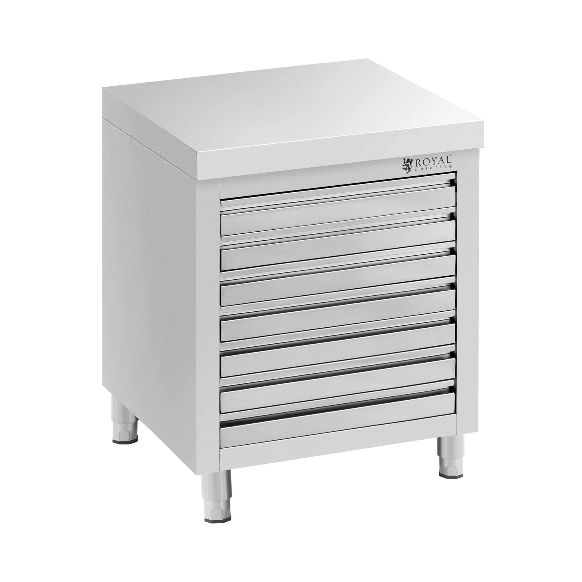 Royal Catering Meuble bas en inox 70 x 50 cm, 185 kg, 7 tiroirs pour pâtons de pizza Plan de travail avec rangement Meuble cuisine bas avec plan de travail Armoire de travail inox Buffet de cuisine