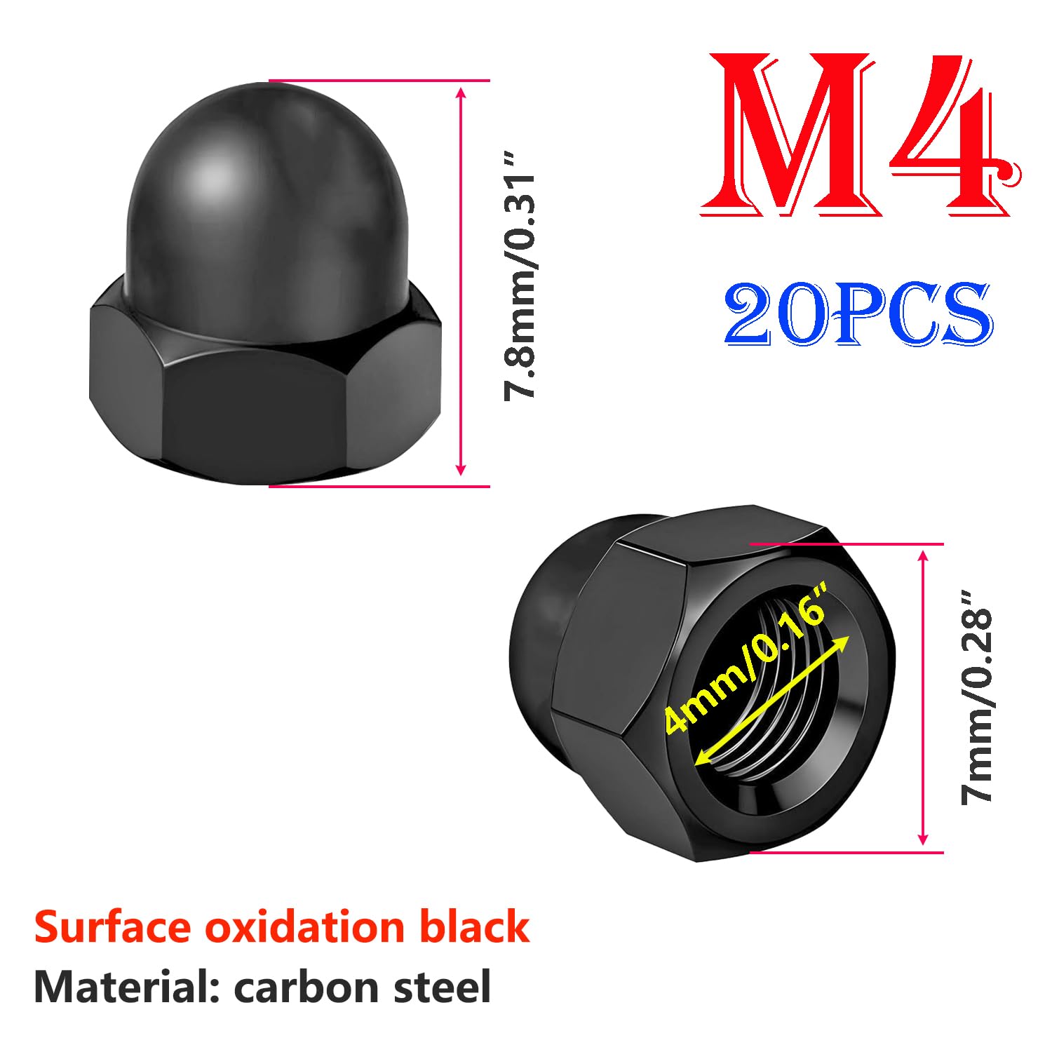 Qrity 20 Pcs Acorn Cap Nuts, M4 Black Carbon Steel Dome Nuts, Decorative Hex Cap for Protecting Screws and Bolts - Image 2