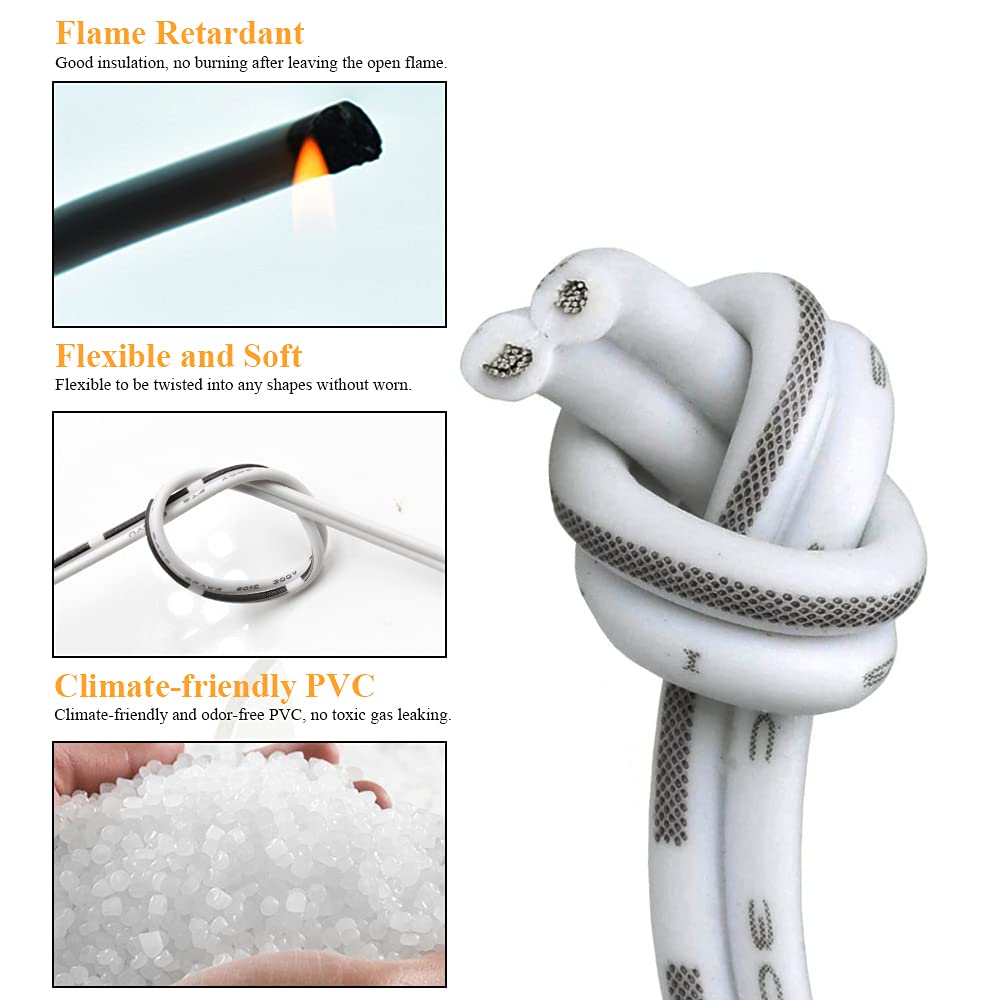 22/2 Gauge Hookup Electrical Wire 2pin 66FT White PVC Cable Extension Cord 12V/24V DC Cable, 22AWG 2 Conductor Flexible Low-Voltage Tinned-Copper Wire for LED Ribbon Lamp Car Audio Automotive Trailer
