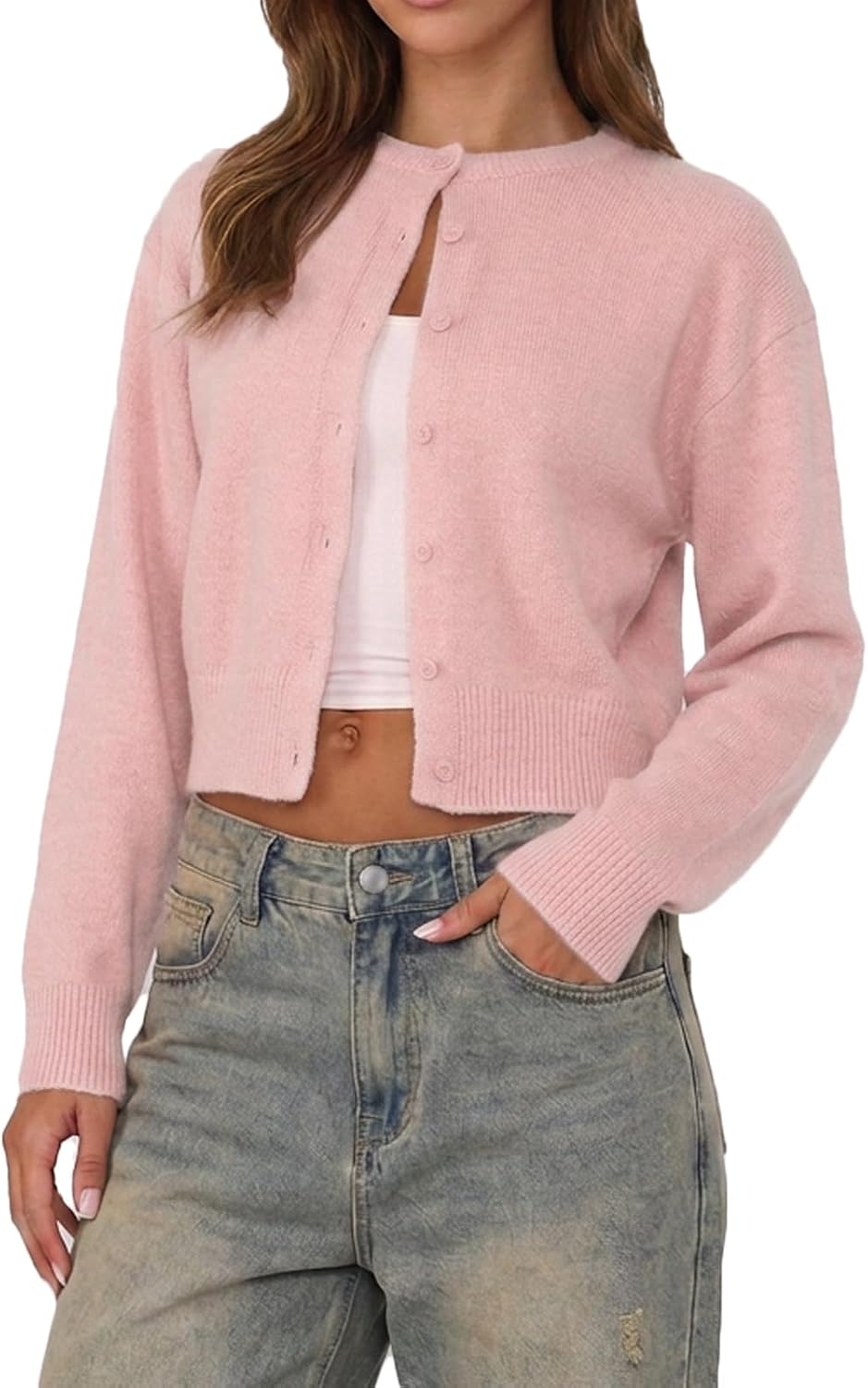 Women Y2K Button Front Crop Sweater Cardigan Solid Color Crew Neck Long Sleeve Knit Fall Tops Streetwear