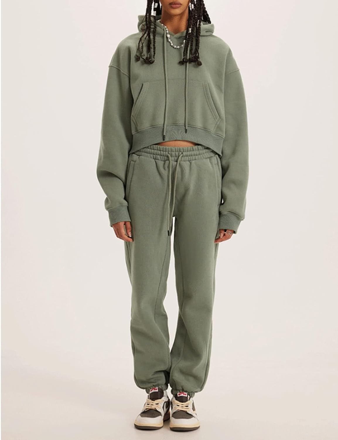 COZYPOIN Womens Fleece 2 Piece Outfits Sweatsuit Crop Top and Pants Hoodie Tracksuit Set - Image 7