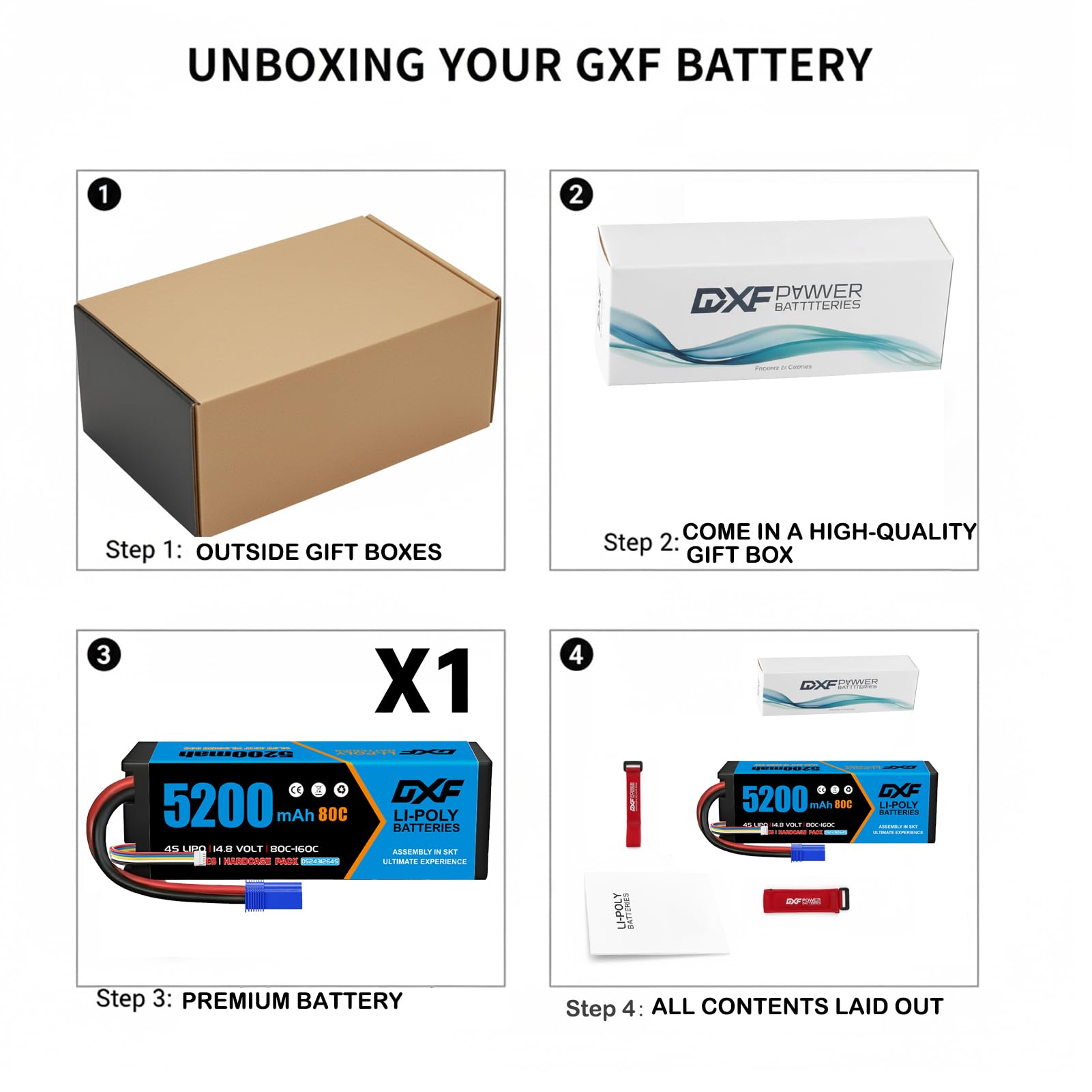 DXF Batteria LiPo 4S 14.8V 5200mAh 80C Spina EC5 Auto RC 1/8 1/10 Truck Buggy Touring Car Alte Prestazioni Compatta Leggera Potente Gare Racing Corse Modellismo 1 Pezzo