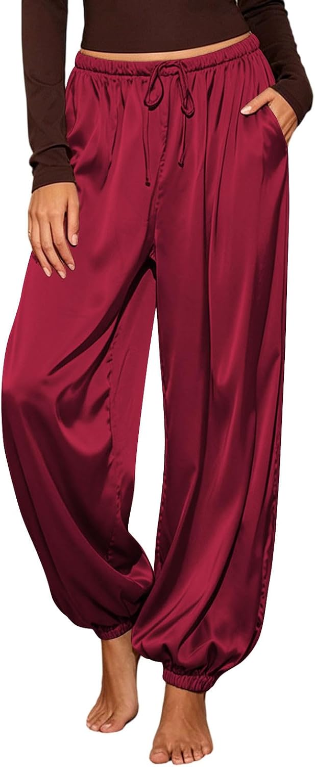 Women's Satin Jogger Pants Drawstring Waist Side Pockets