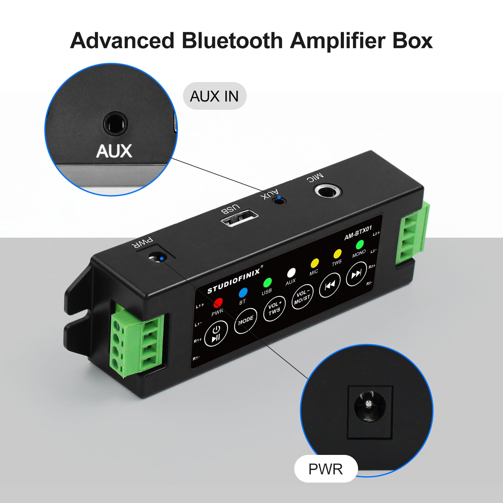 STUODIOFINIX Mini Amplificador Bluetooth de 4 Canales 120w para Altavoces pasivos con TWS, AUX, Mic, USB, Recambio, Apto para Altavoces de Pared/Techo/Marino/estantería