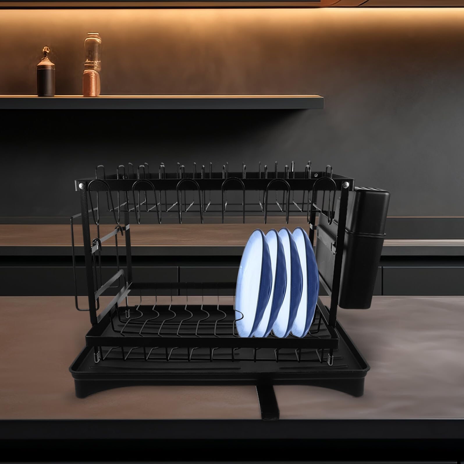 MAGICLULU 1 Set Égouttoir à Vaisselle Porte-couverts et Pot en Acier Carbone, Plateau Égouttoir Amovible, Design Compartimenté, Maintien des Bols Secs et Propres Cuisine