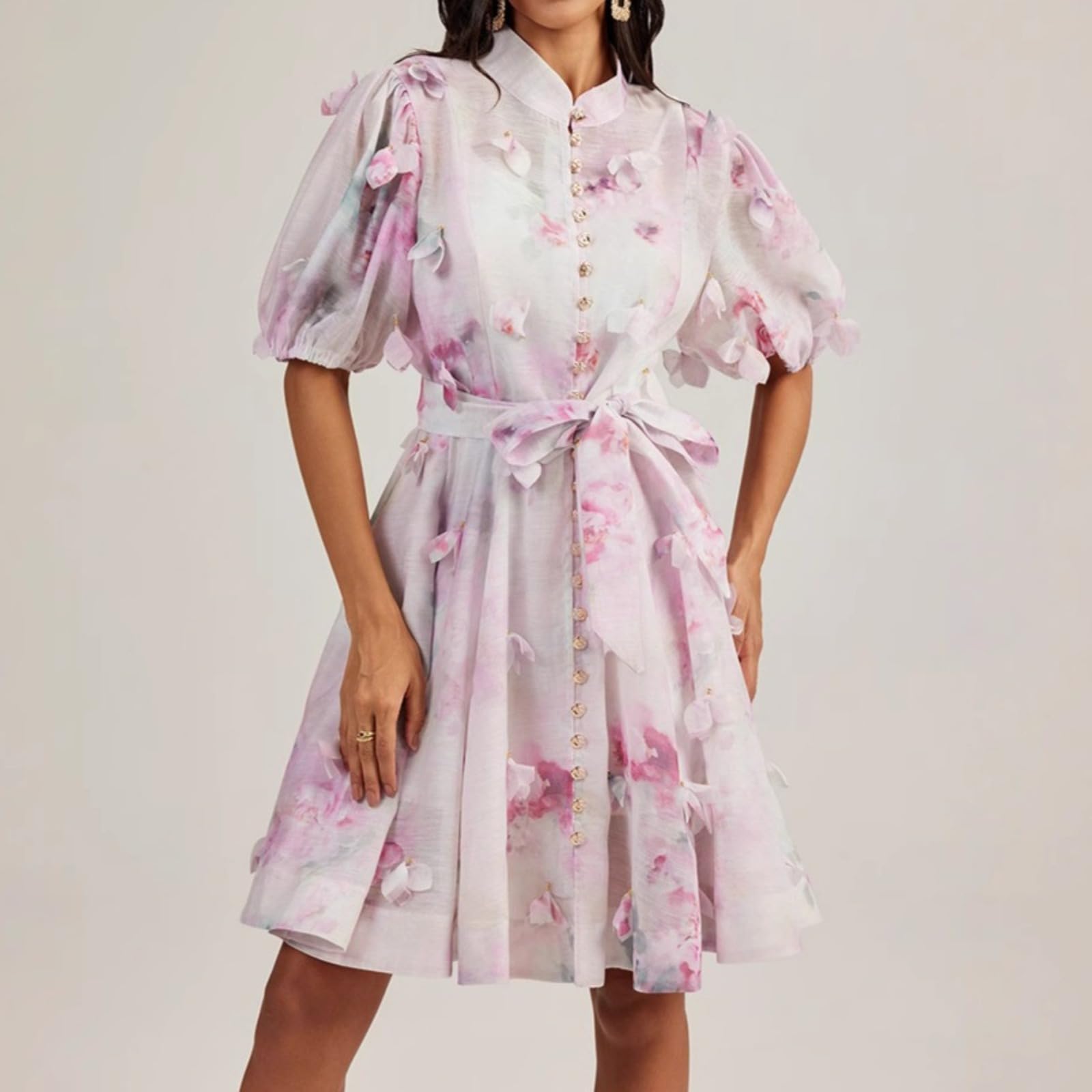 Damenkleid französisch Blumen Sommer tailliengebunden Stehkragen Urlaub