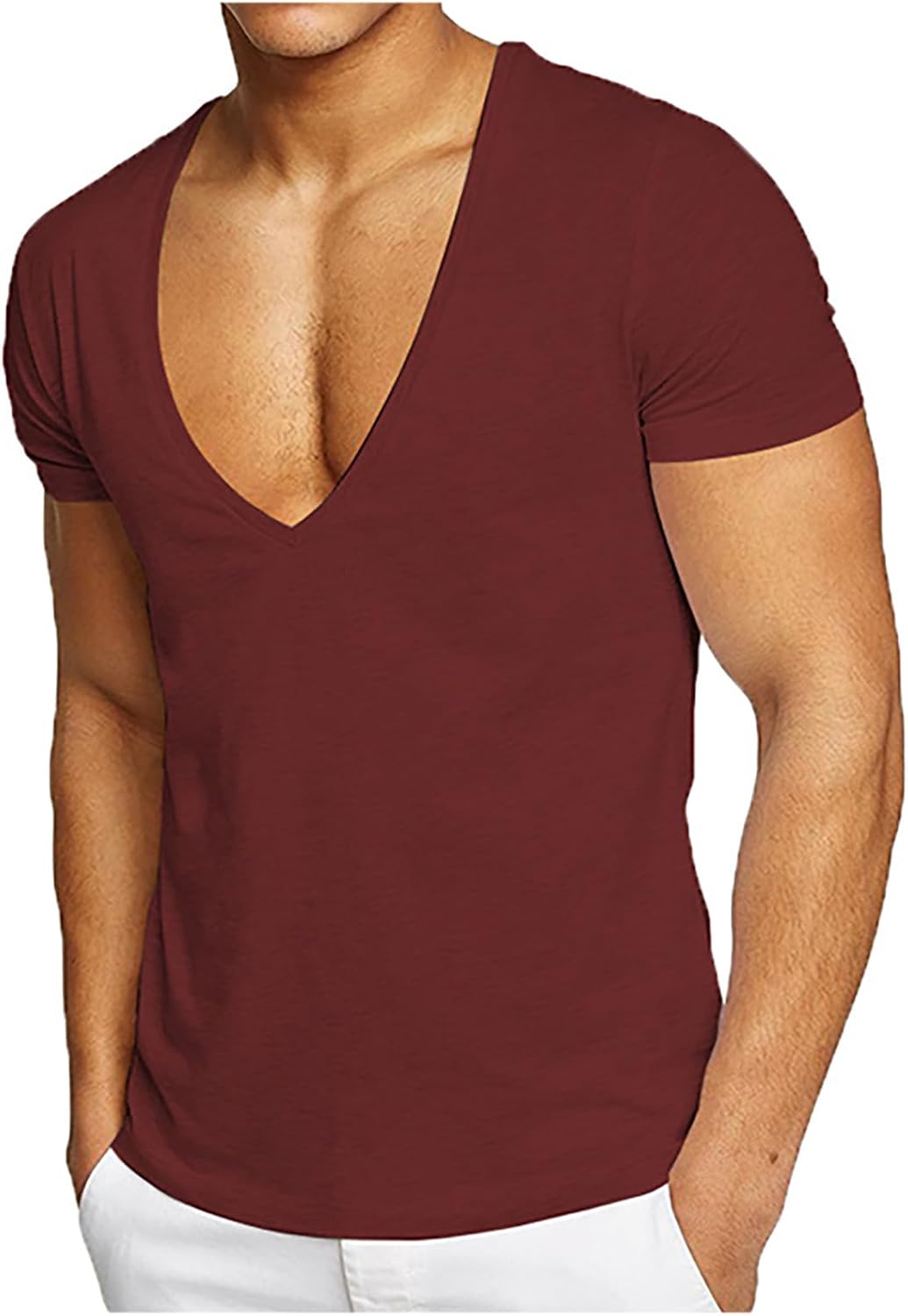 Deep V-Neck T-Shirts for Men Short Sleeve Tops Workout Tees Workout Tshirts Gym Athletic Undershirts Slim Fit Activewear