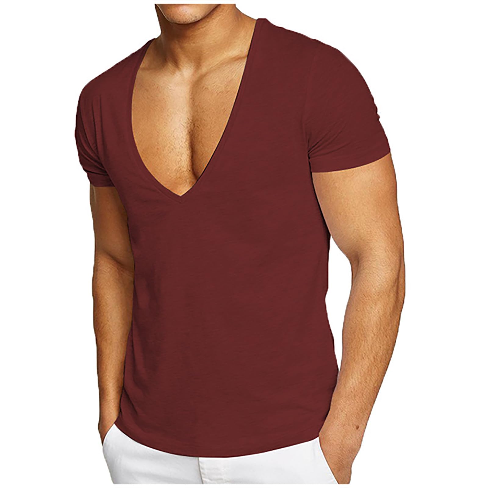 Men Deep V Neck T Shirt Stretch Muscle Gym Workout Tee Shirt Casaul Short Sleeve Slim Fit Low Cut Tank Tops