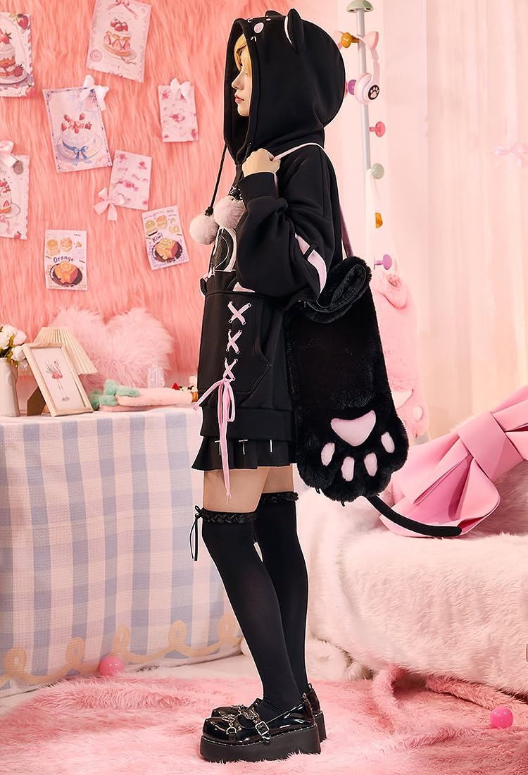 Micotaku Women's Dessert Cat Hoodie with Detachable Paw Sleeves Cute Black & Pink Cat Ear Sweatshirt for Casual Wear