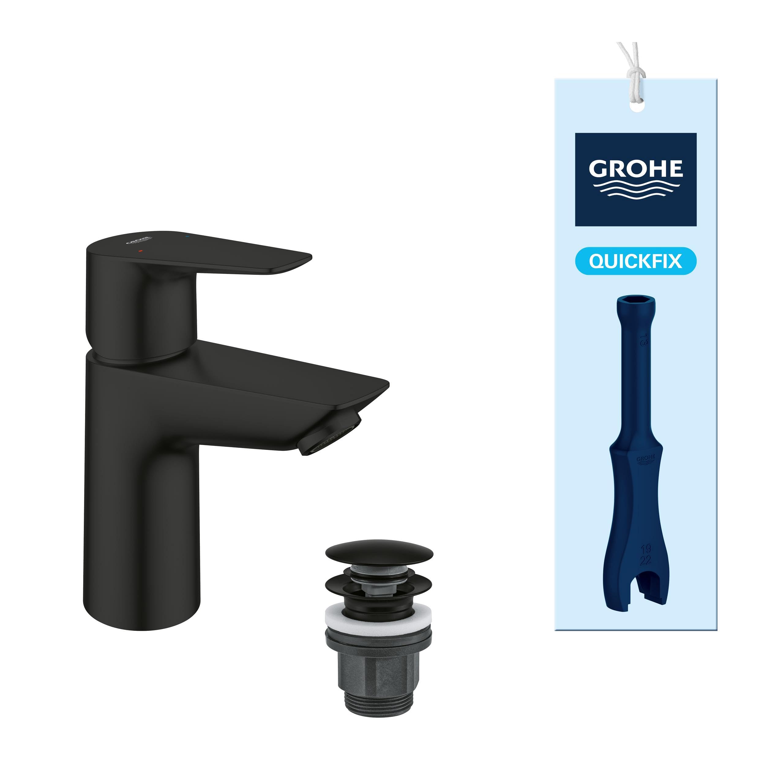 GROHE StartEdge, Waschtischarmatur 3,5l/min, wassersparend (Wasserhahn für das Bad, Badarmatur mit Zugstangen-Ablauf, 12cm hoch, mit 3in1 Werkzeug, einfache Installation), mattschwarz, 238982431
